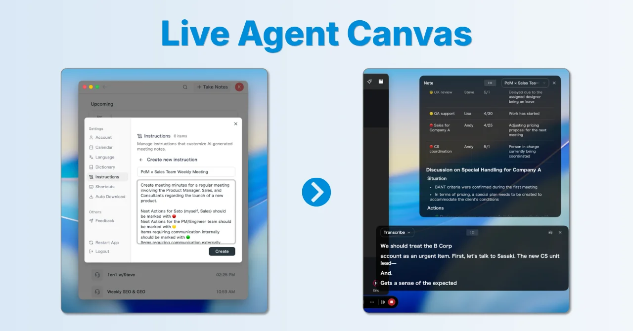 Actualización v0.14: AI Canvas — una nota en vivo que se escribe sola durante tu reunión, más Custom Instructions