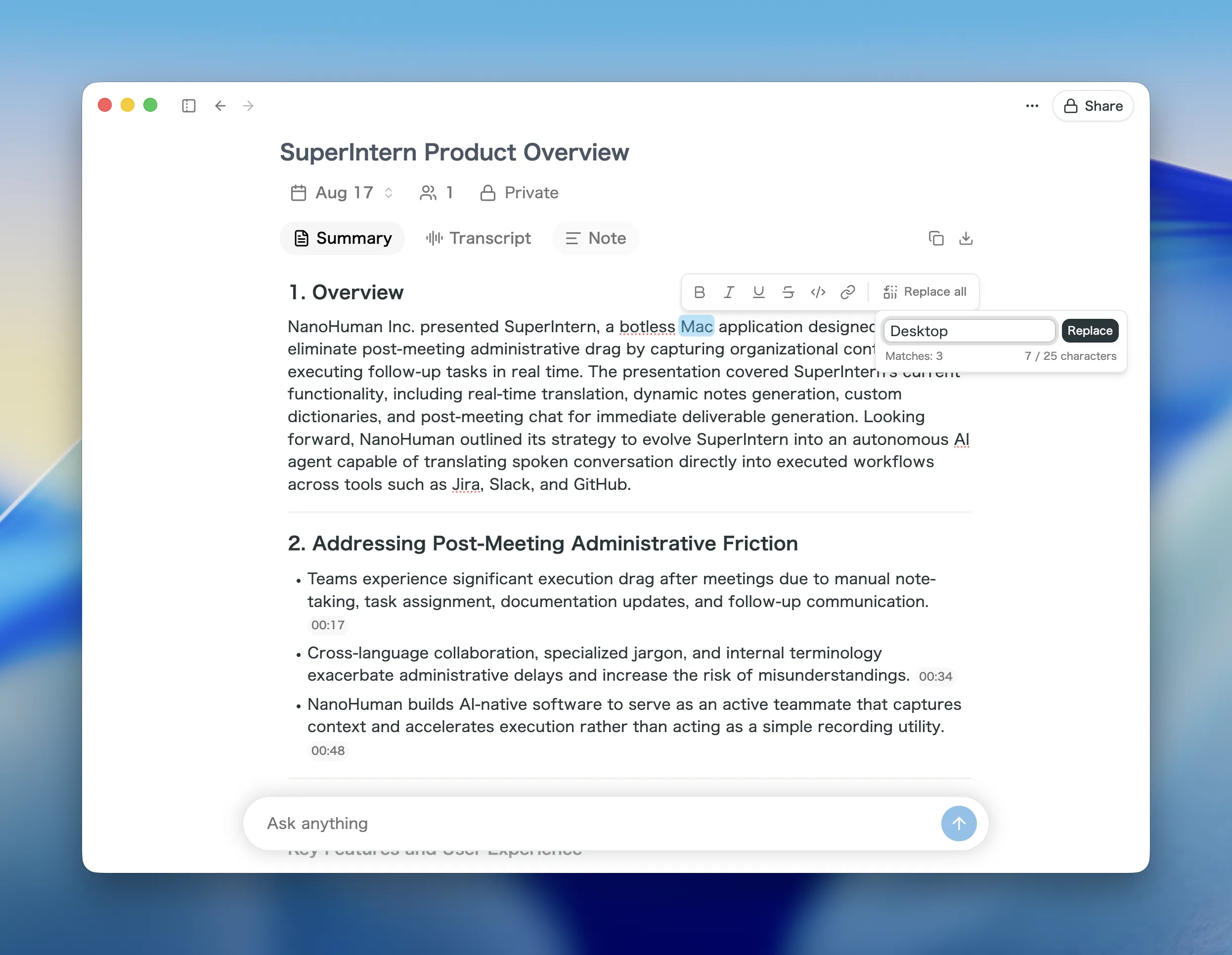 Replacing text across a summary