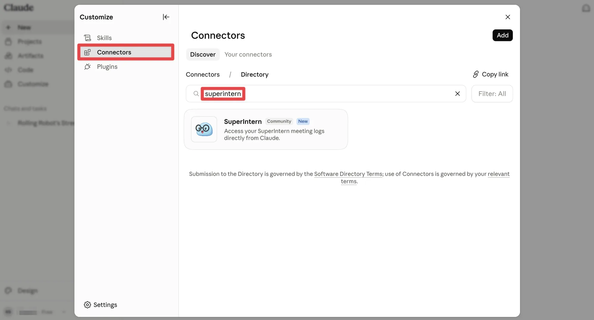 Connectors에서 SuperIntern 검색