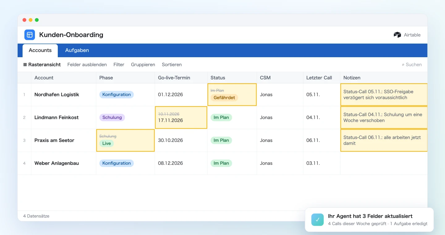 Airtable-Tabelle Accounts mit nach dem Wochenabgleich aktualisiertem Status und Go-live-Termin