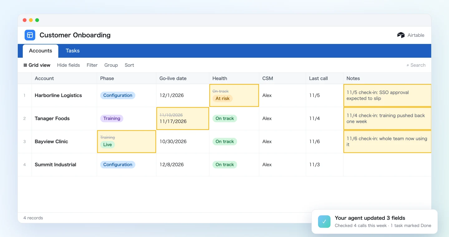 Airtable Accounts table with health and go-live dates updated after the weekly review