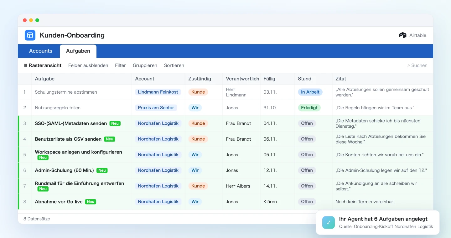 Airtable-Tabelle Aufgaben mit sechs neuen Aufgaben aus dem Kickoff