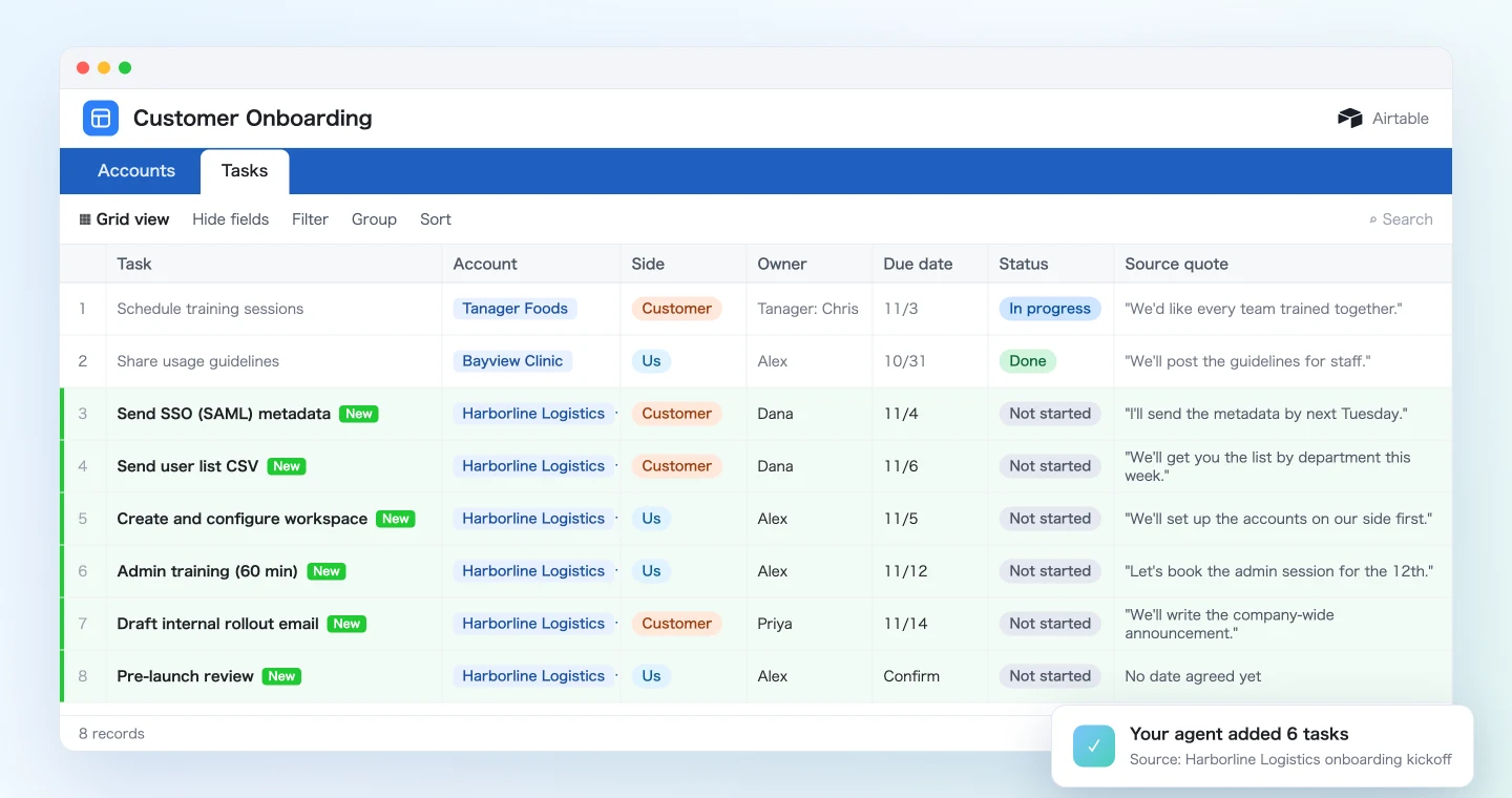 Airtable Tasks table with six new tasks from the kickoff call
