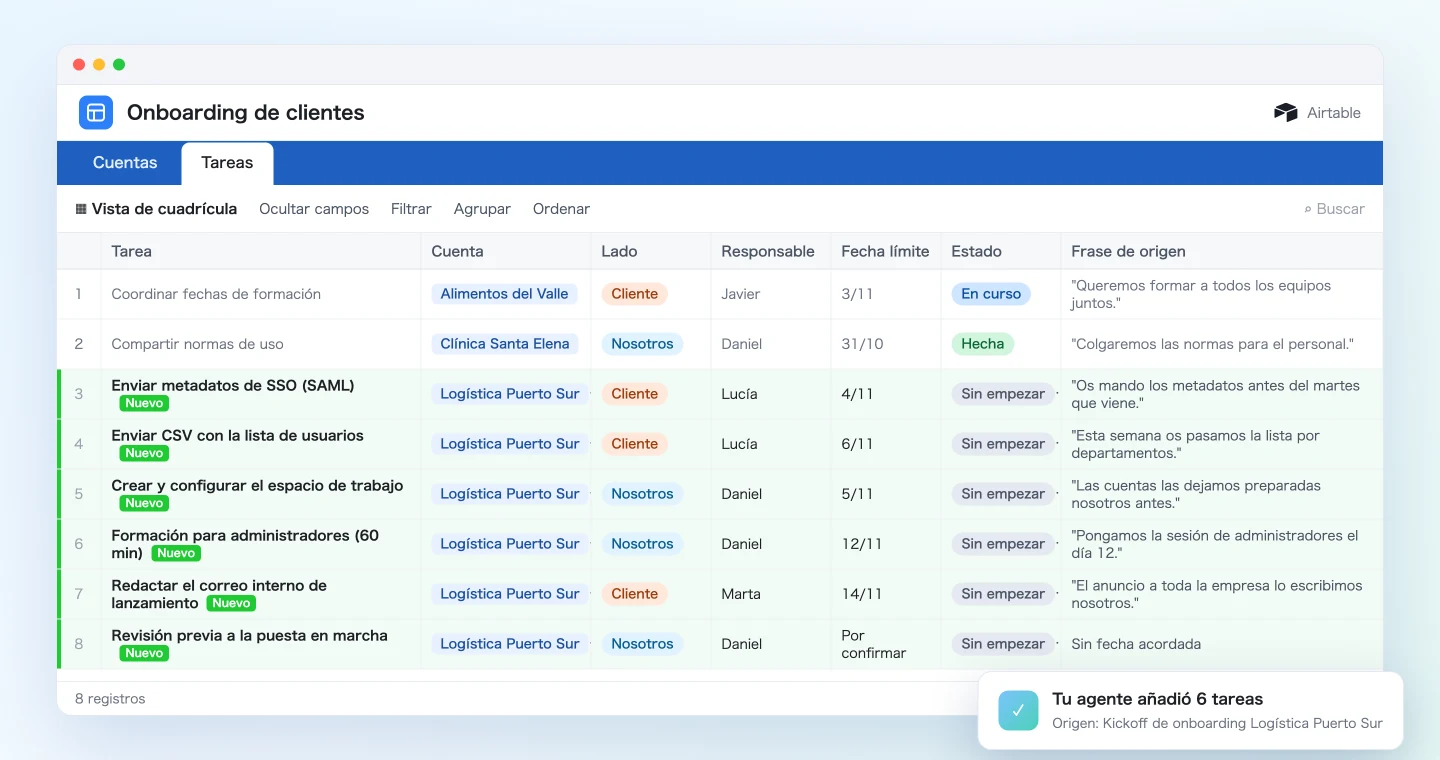 Tabla Tareas de Airtable con seis tareas nuevas del kickoff