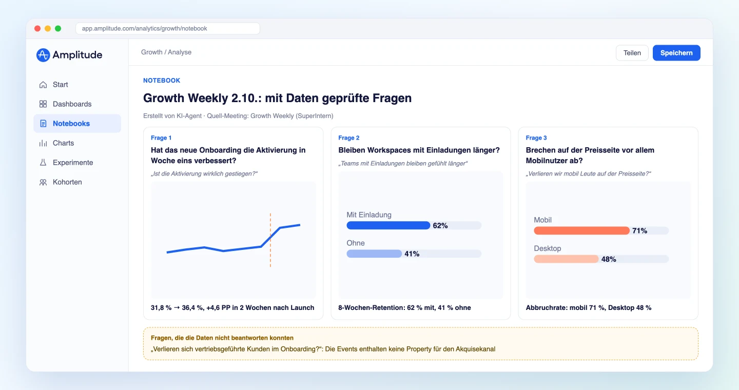 Amplitude-Notebook mit den Fragen und Antworten aus dem Meeting