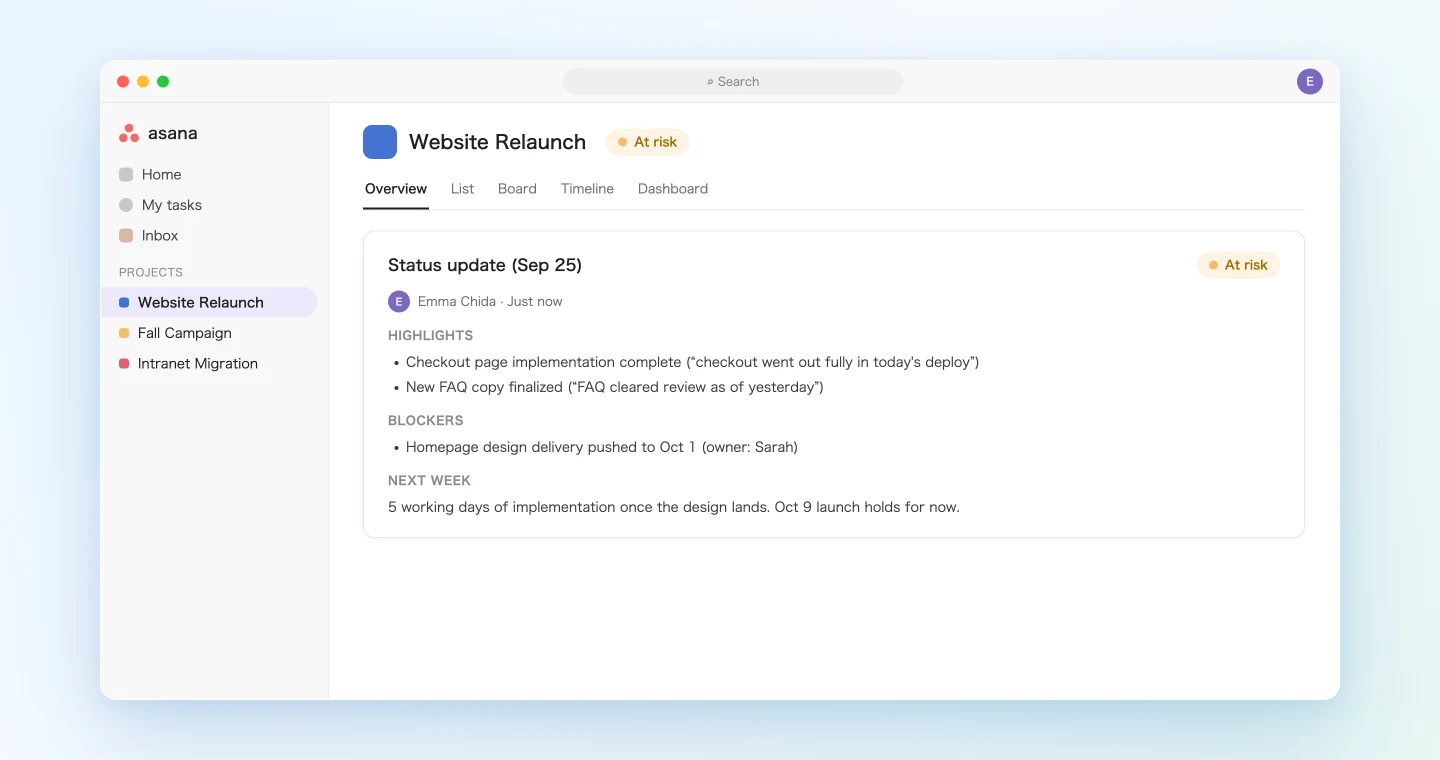 An Asana status update drafted by an AI agent from the meeting record