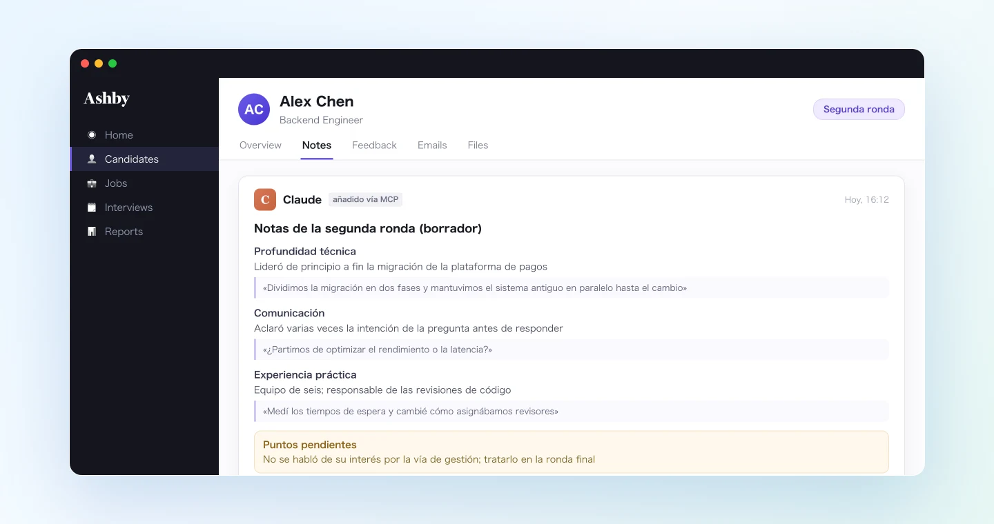 Notas de entrevista redactadas desde la transcripción y guardadas en el perfil de Ashby