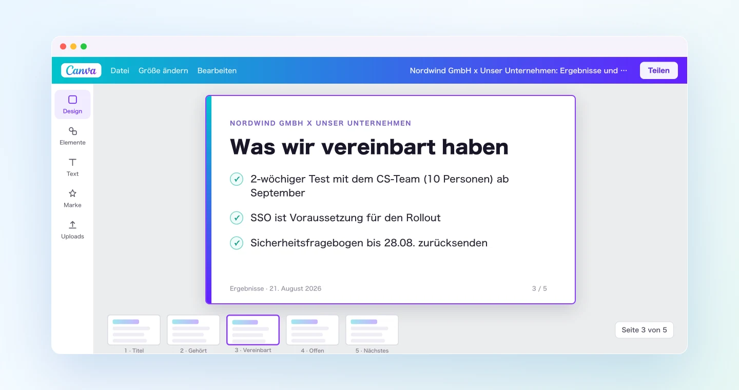 Das von Claude aus dem Meeting-Protokoll generierte Recap-Deck in Canva