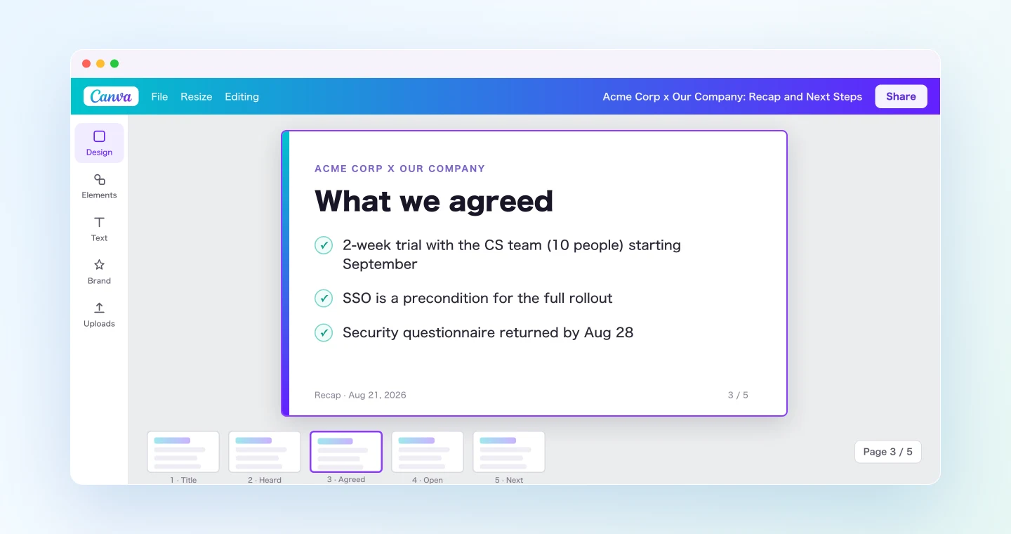 The recap deck Claude generated in Canva from the meeting summary