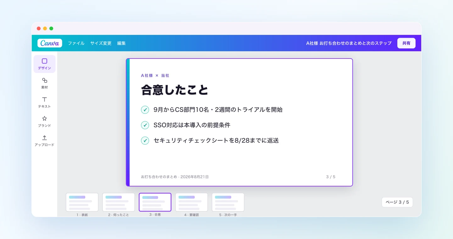 議事録から生成されたまとめ資料をCanvaで開いた画面