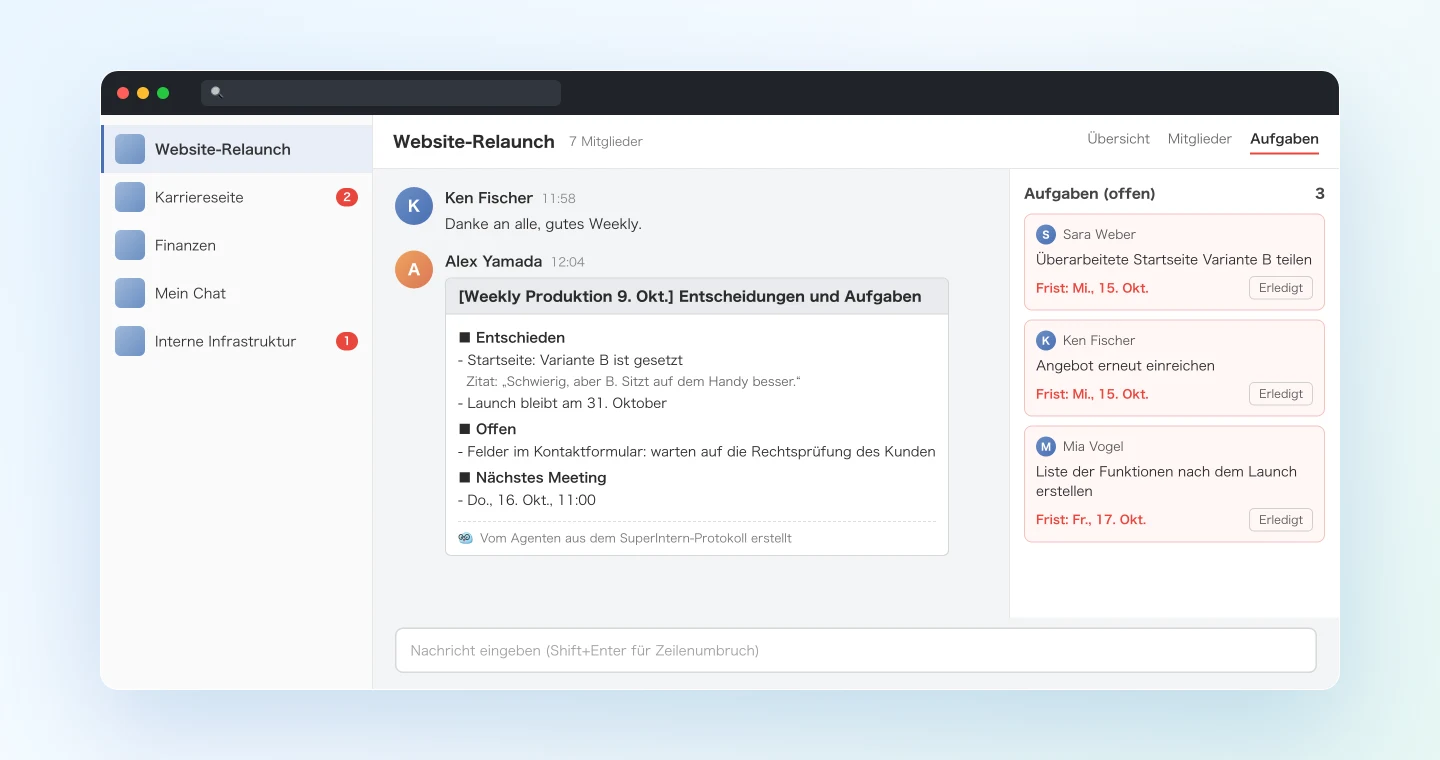 Die aus den Meeting-Notizen erstellte Beschluss-Zusammenfassung in einem Chatwork-Gruppenchat, dazu die im selben Chat angelegten Aufgaben mit Zuständigen und Fälligkeiten
