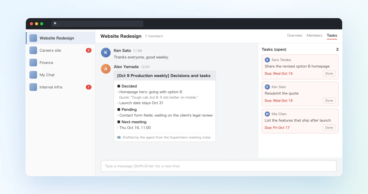 The decisions summary posted to a Chatwork group chat from the meeting notes, with the owner-and-due-date tasks registered in the same chat