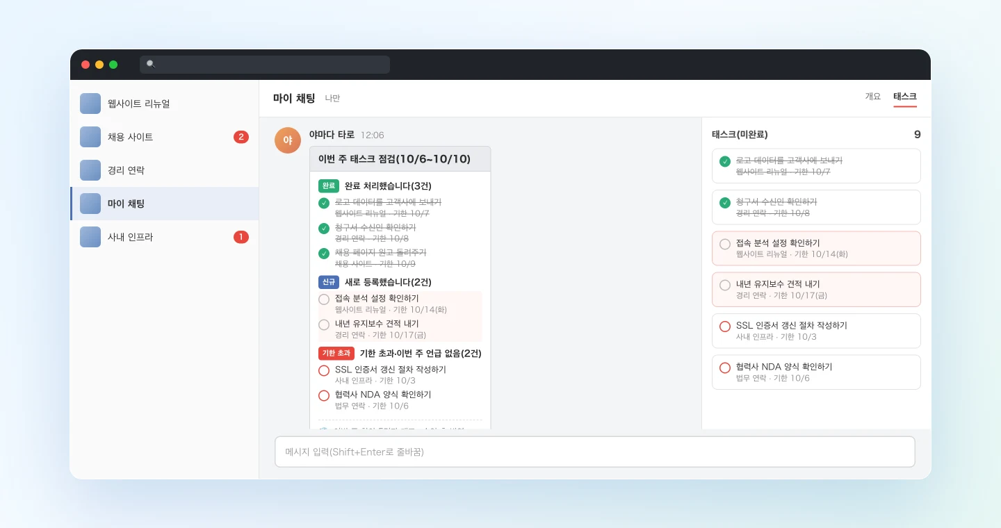Chatwork 태스크 목록을 회의와 대조해 완료 처리할 태스크, 새로 등록할 태스크, 기한 초과 태스크로 분류한 화면