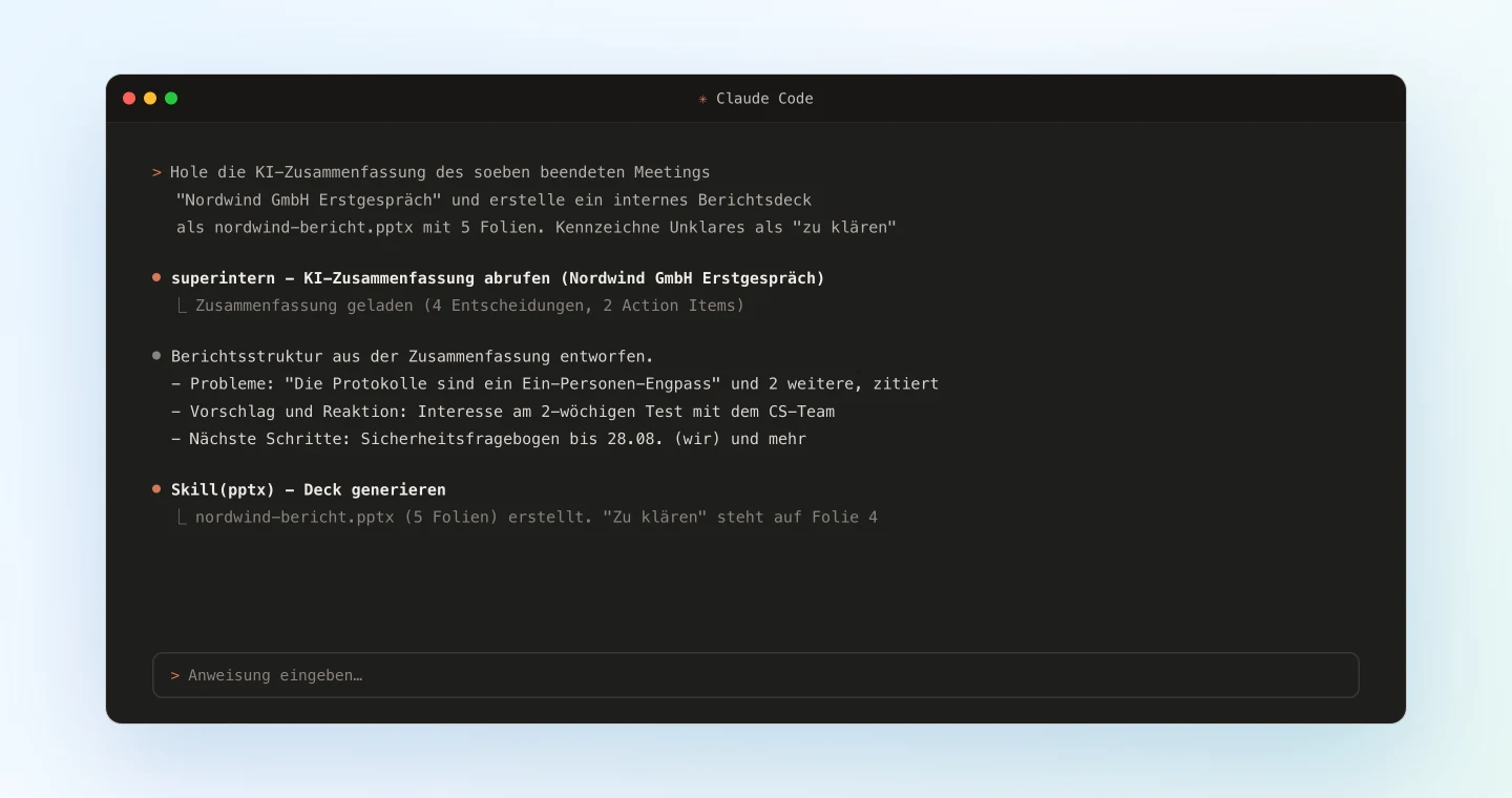 Claude Code generiert über den pptx-Skill ein Berichtsdeck aus dem Meeting-Protokoll