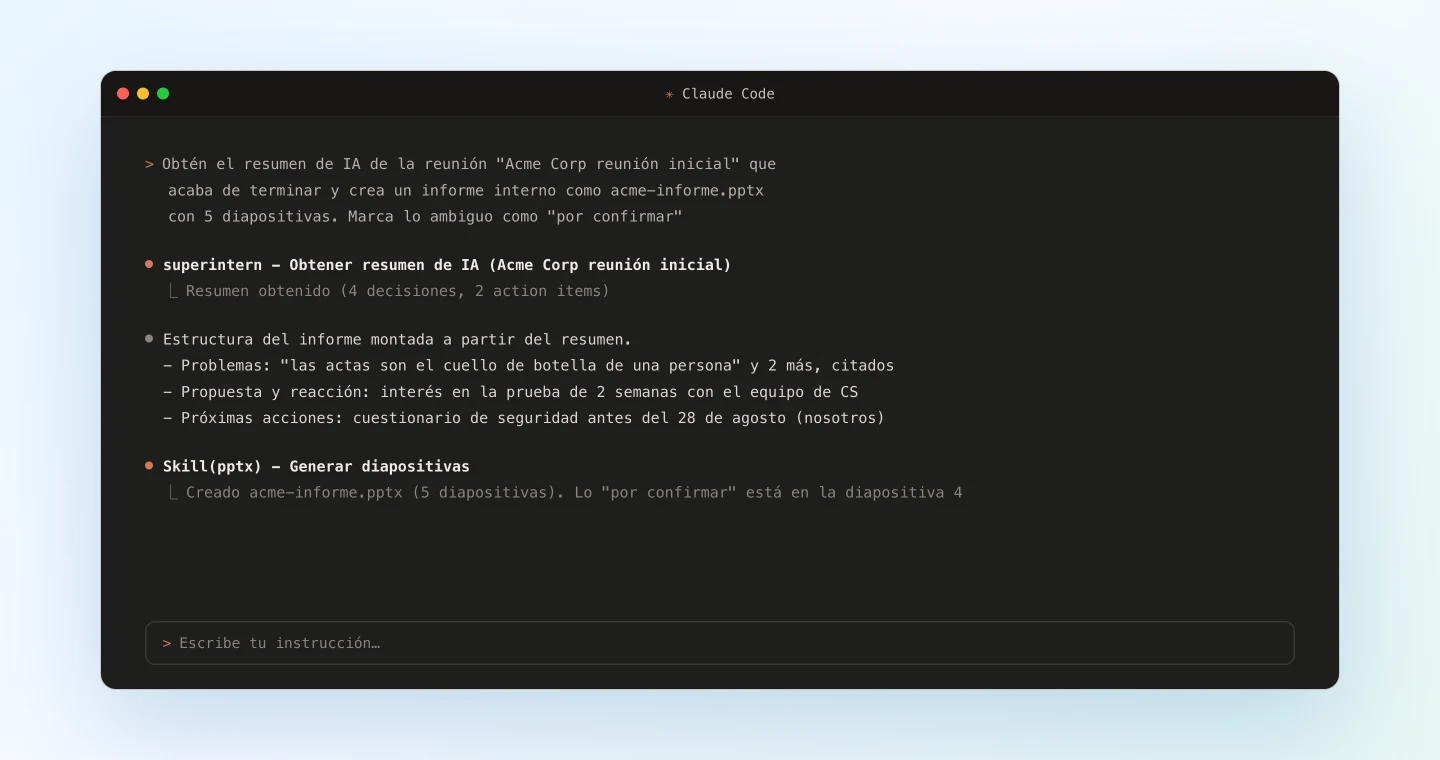 Claude Code generando un informe en diapositivas desde el resumen de la reunión con el skill de pptx