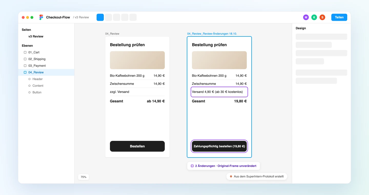 Figma-Canvas mit Original-Screen und Duplikat mit den beschlossenen Texten