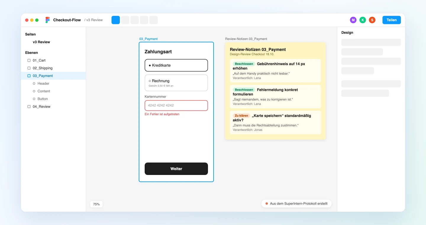 Figma-Canvas mit Review-Notizen neben jedem Screen