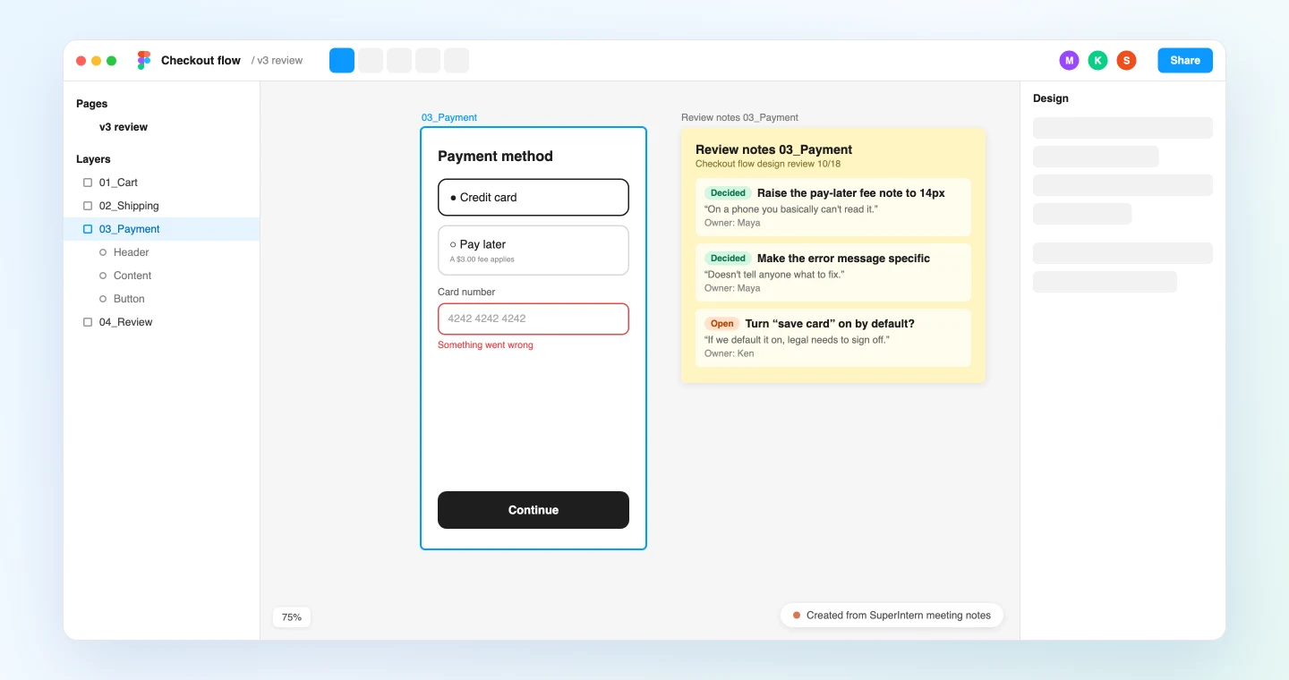 Figma canvas with review notes placed next to each screen