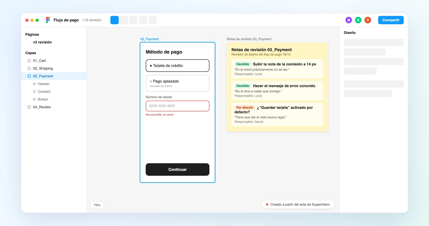Lienzo de Figma con notas de revisión junto a cada pantalla