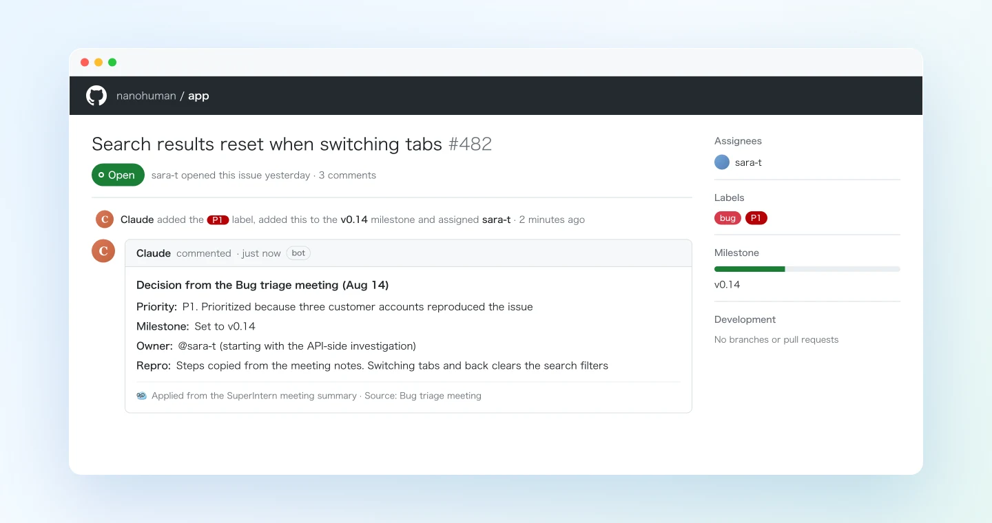 A GitHub issue updated by Claude with the triage decision