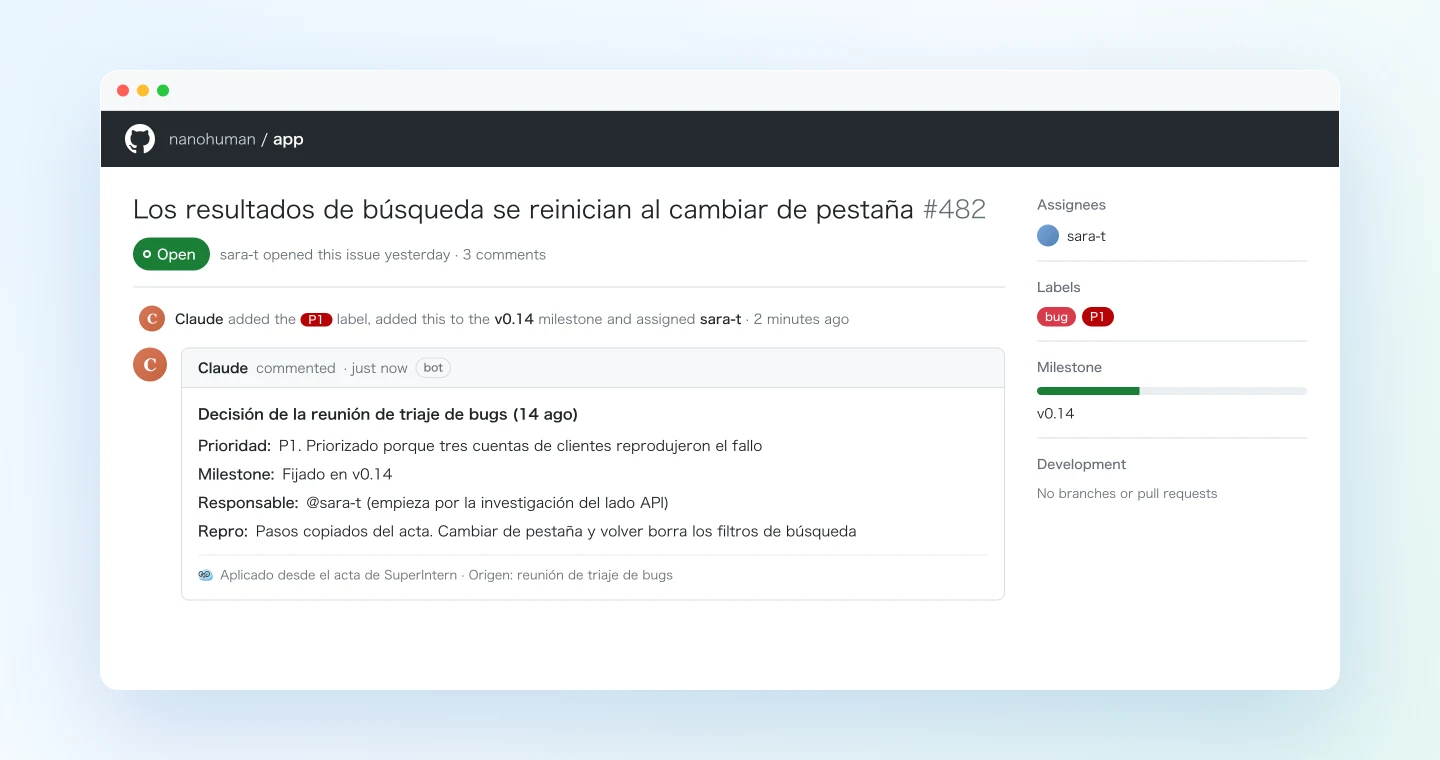 Un issue de GitHub actualizado por Claude con la decisión del triaje