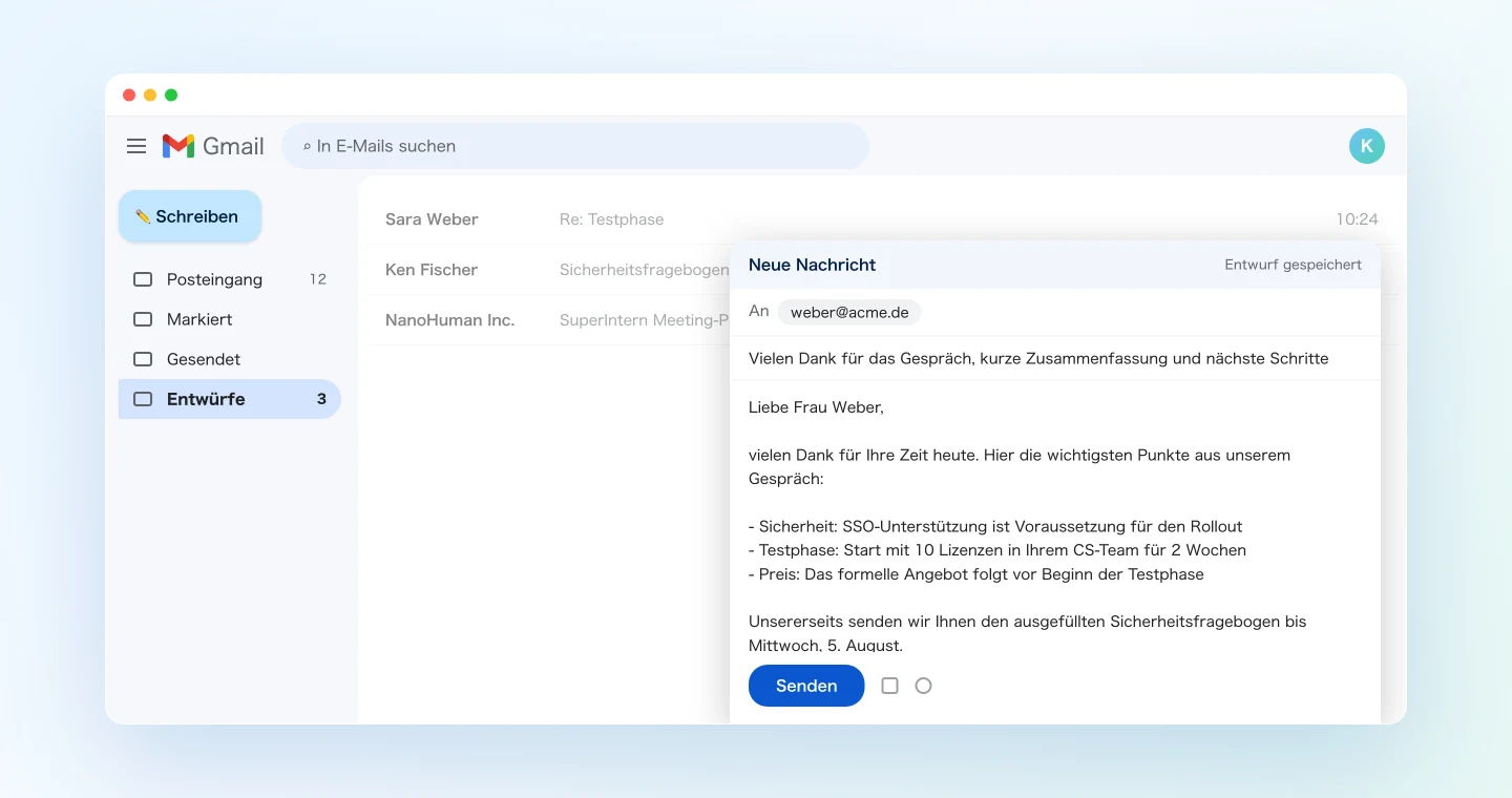 Der Follow-up-Entwurf im Gmail-Entwurfsordner