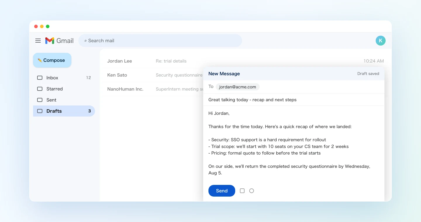 The follow-up draft saved in Gmail