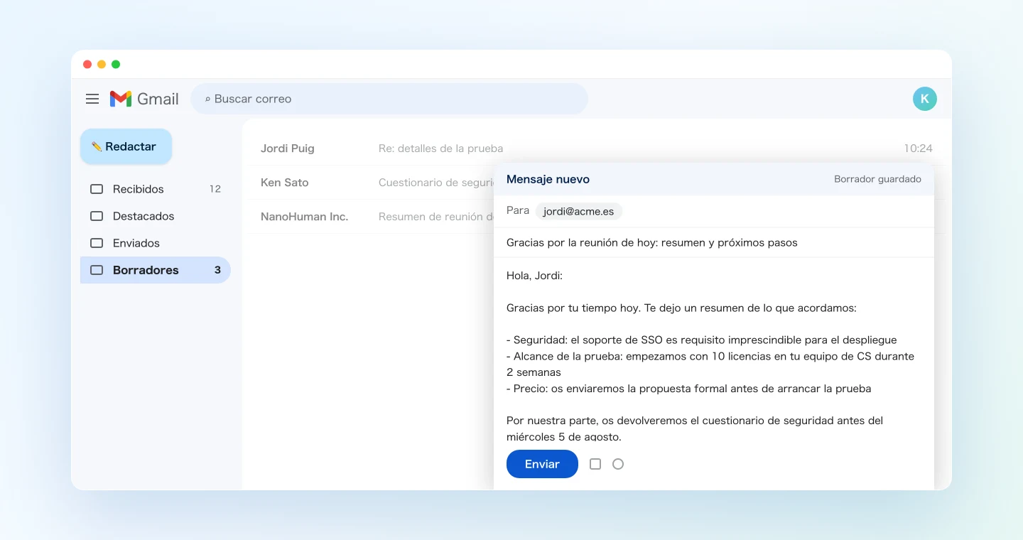El borrador de seguimiento guardado en Gmail