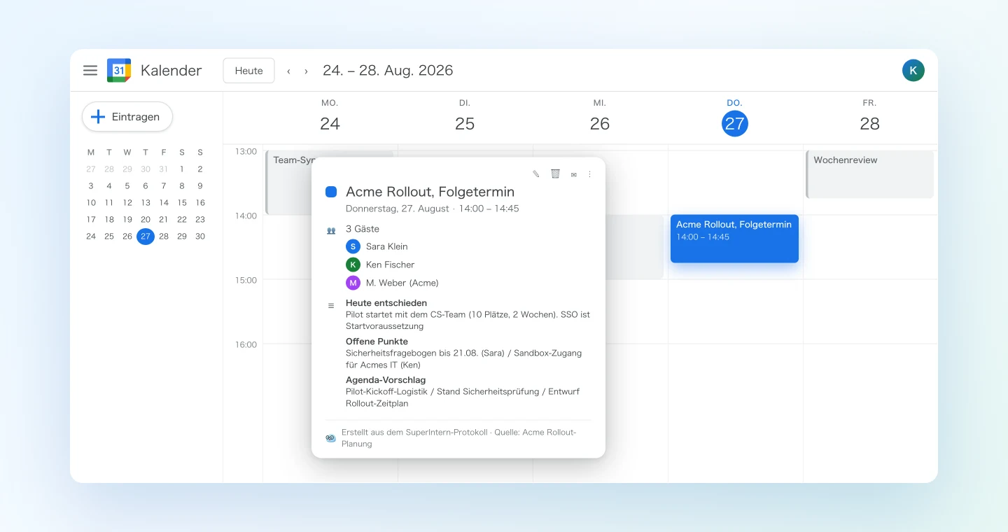Der aus den Meeting-Notizen erstellte Folgetermin im Google Kalender
