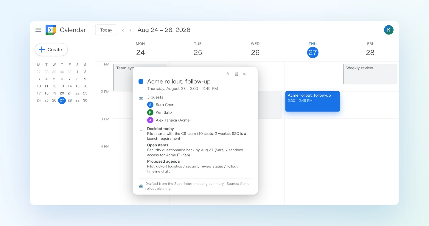 The follow-up event created in Google Calendar with an agenda built from the meeting notes