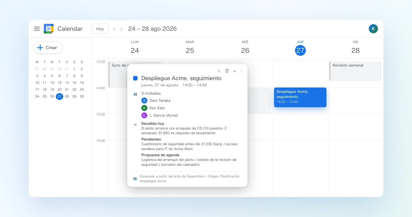 El evento de seguimiento creado en Google Calendar con una agenda construida desde las actas
