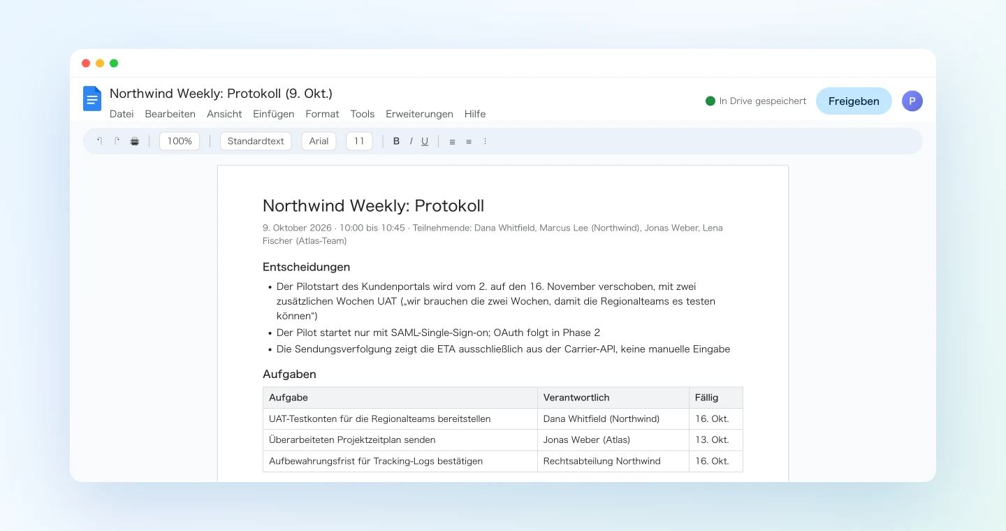 Das kundentaugliche Protokoll, aus der SuperIntern-Aufzeichnung als Google-Dokument angelegt