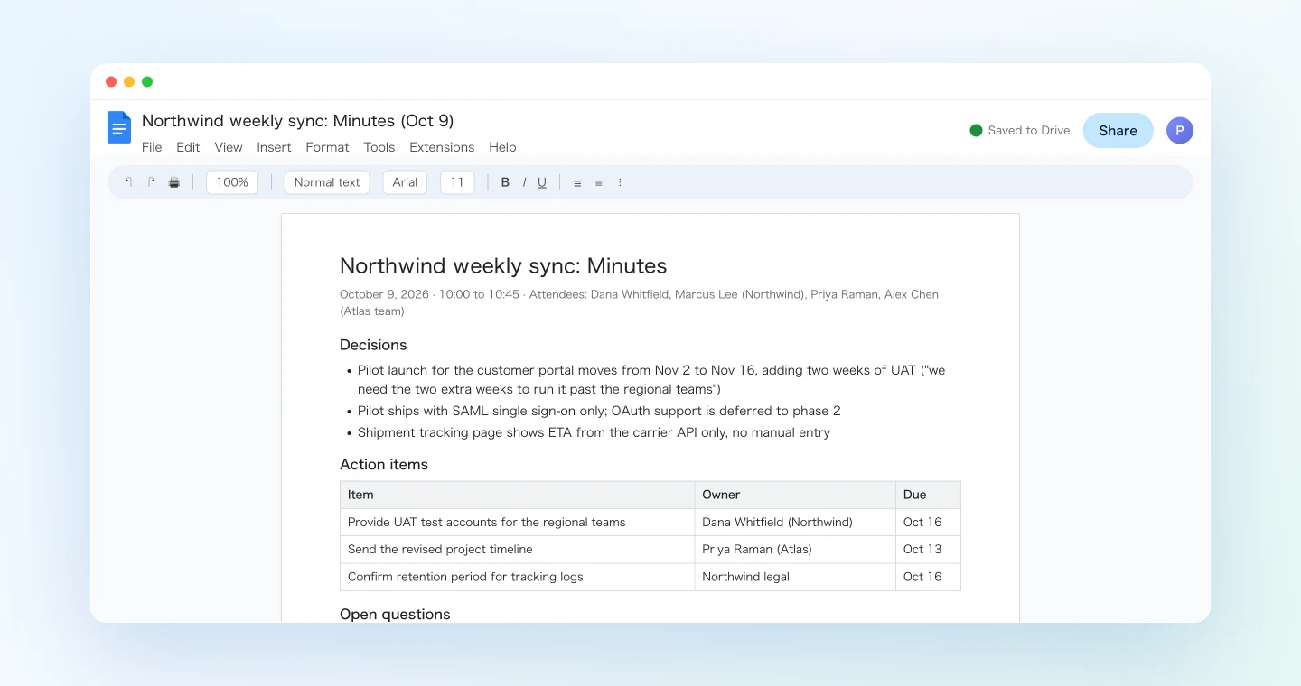 Client-ready meeting minutes created as a Google Doc from the SuperIntern record