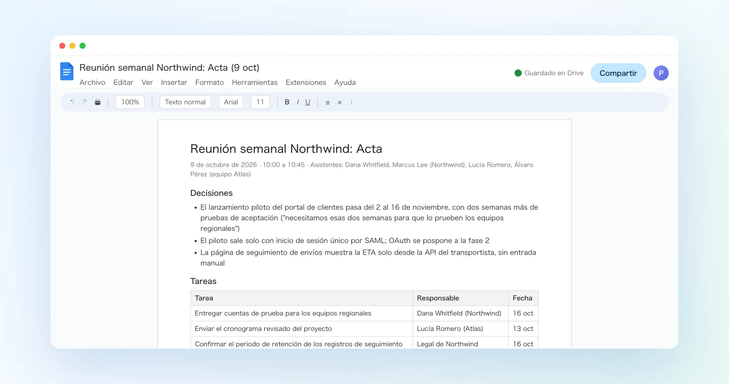 El acta lista para el cliente creada como Google Doc a partir del registro de SuperIntern