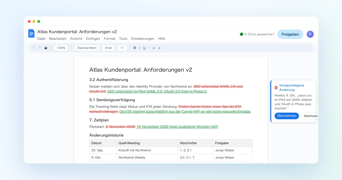 Das Anforderungsdokument, direkt mit vorgeschlagenen Änderungen und einer Zeile in der Änderungshistorie aktualisiert