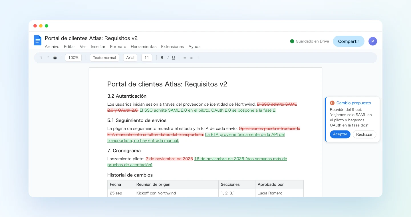 El documento de requisitos actualizado en el propio archivo con cambios propuestos y una fila en el historial de cambios