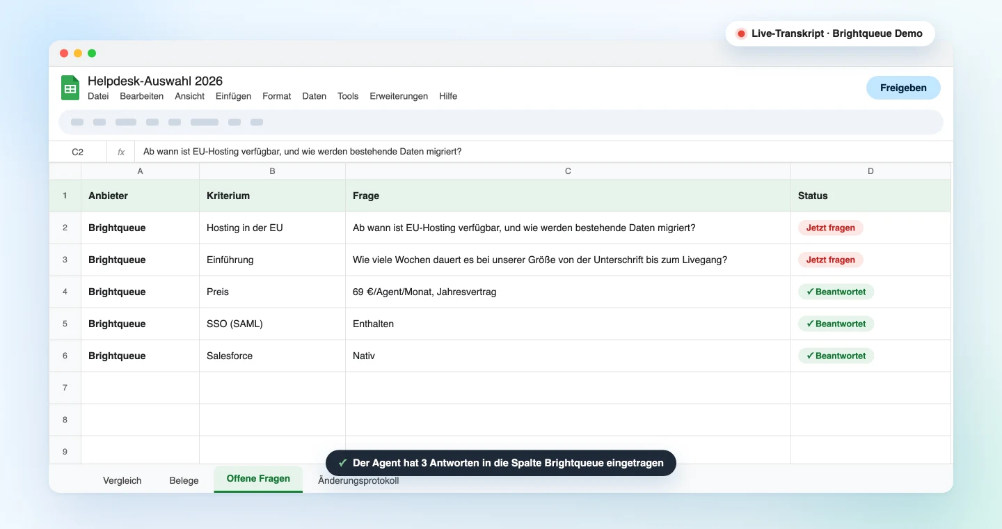 Der Tab „Offene Fragen", während der Demo aus dem Live-Transkript erstellt