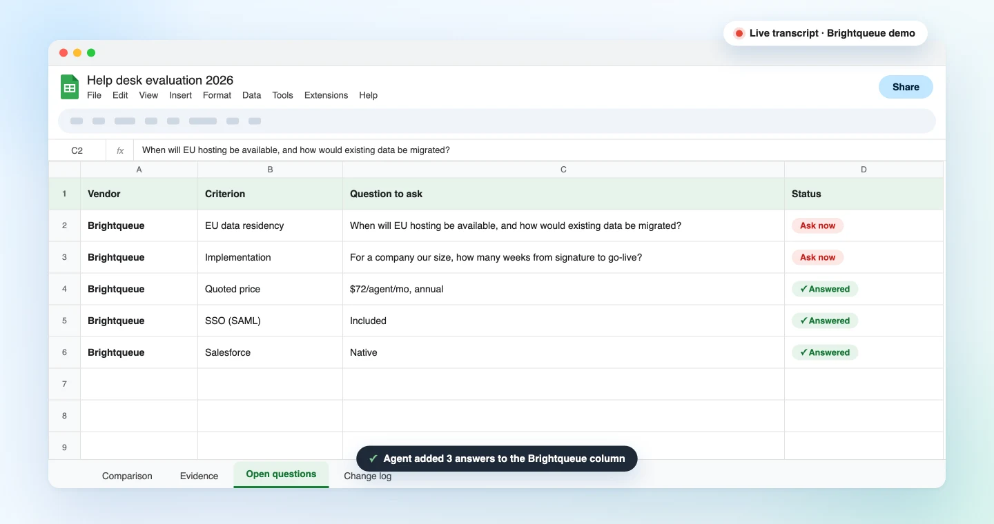 The Open questions tab, built during the demo from the live transcript