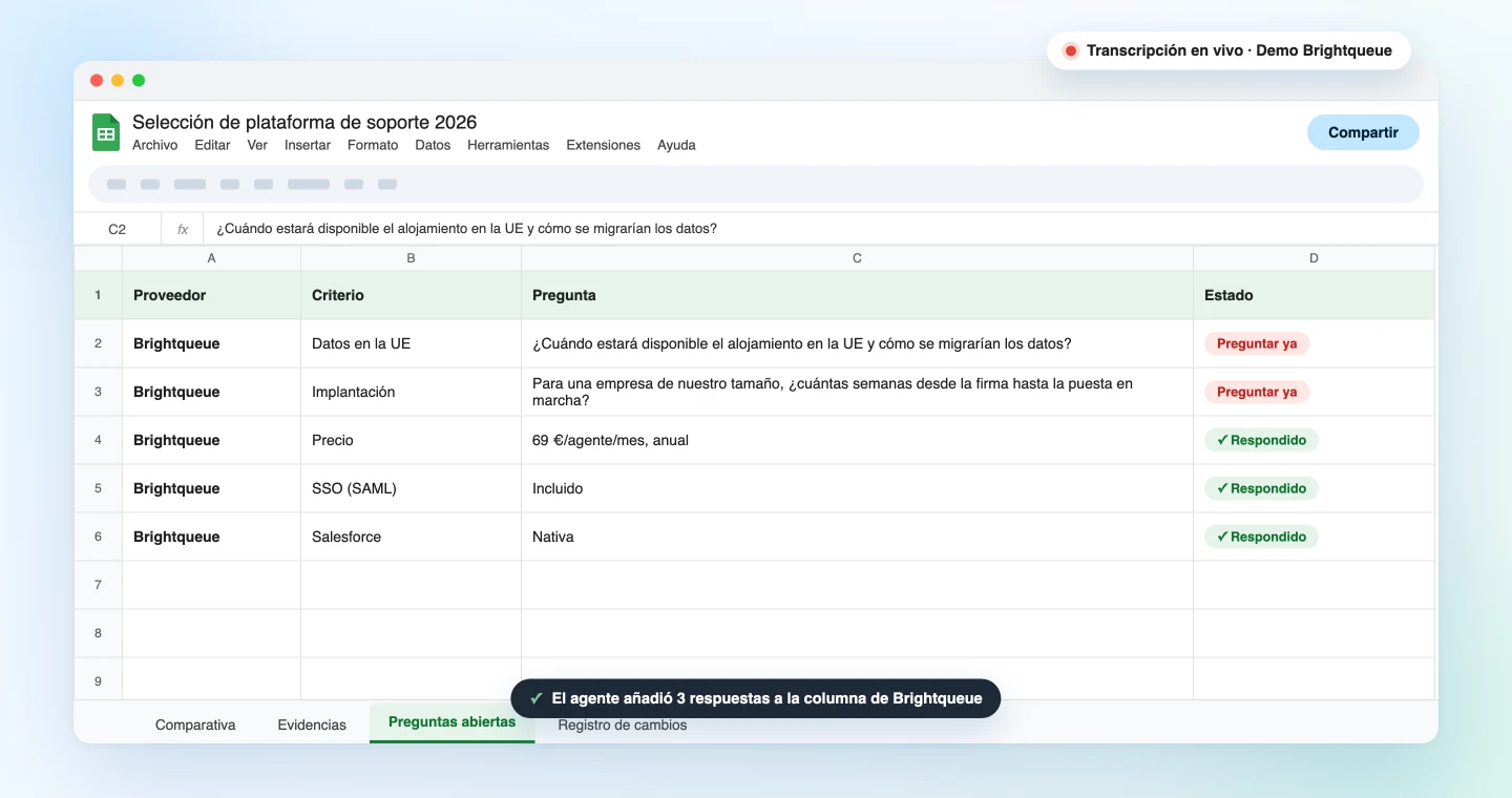 La pestaña Preguntas abiertas, creada durante la demo a partir de la transcripción en vivo