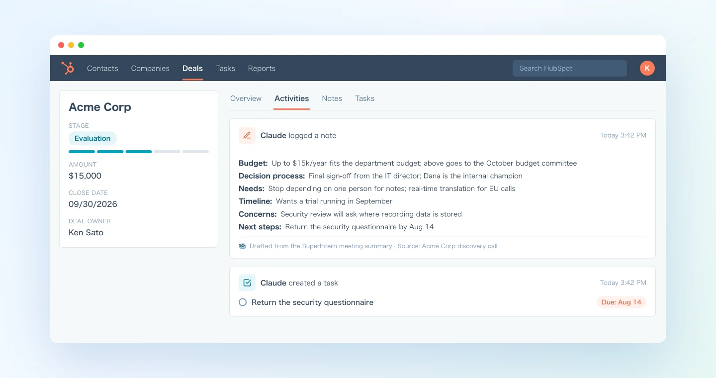The call note Claude logged on the HubSpot deal