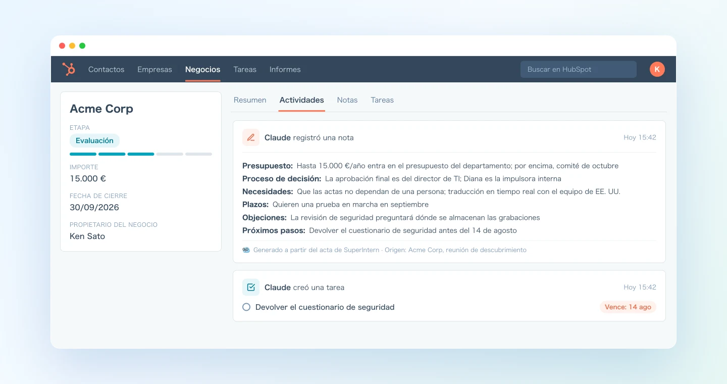 La nota que Claude registró en el deal de HubSpot