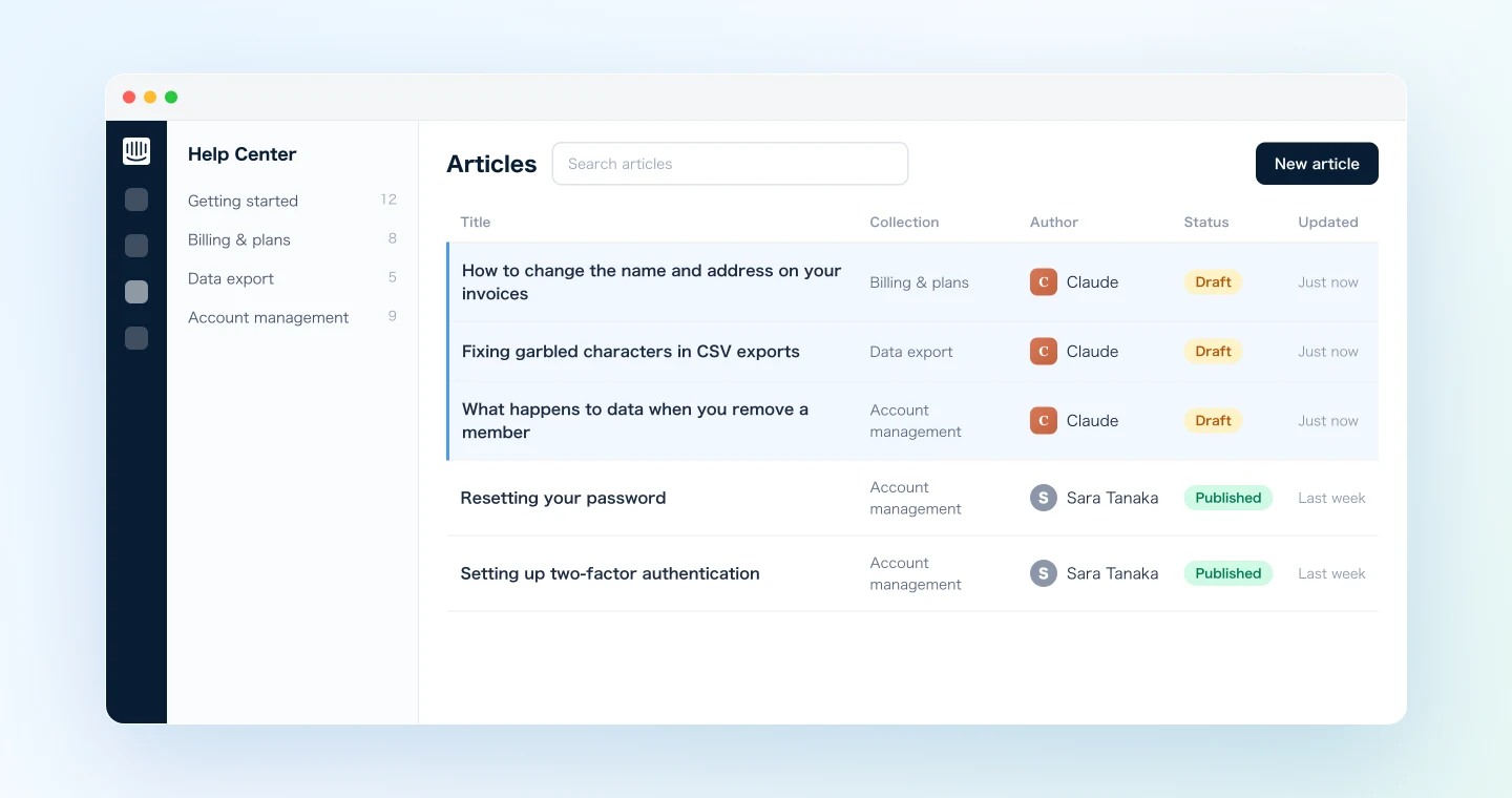 Help center draft created by Claude in Intercom