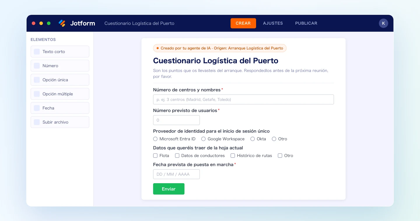 Cuestionario creado en Jotform a partir de los pendientes del arranque