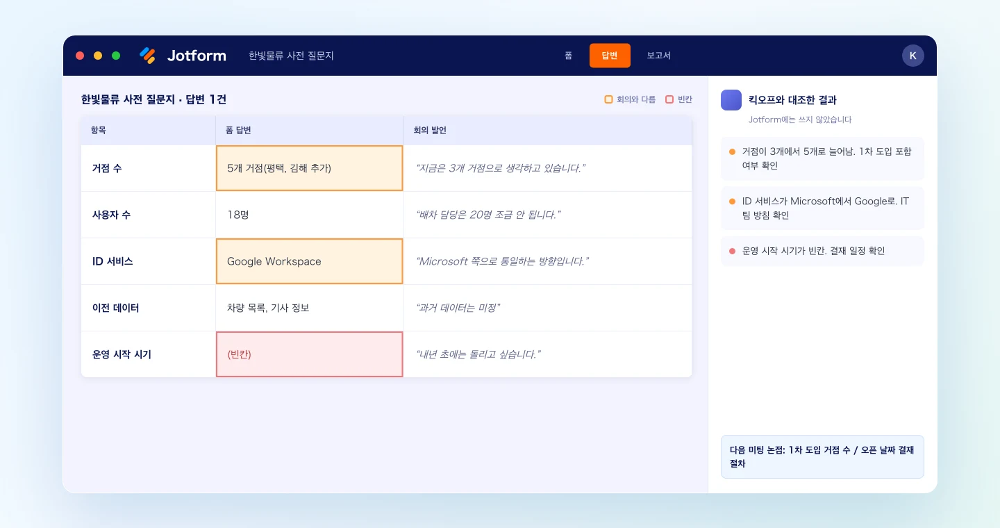 도착한 답변과 킥오프 발언을 대조한 결과