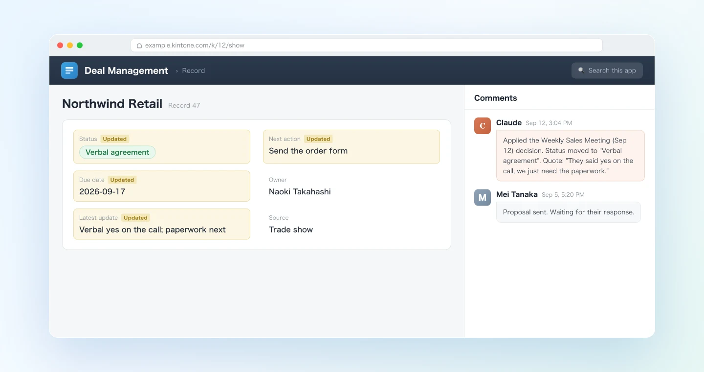 A Kintone deal record updated from meeting notes, with an AI-drafted comment