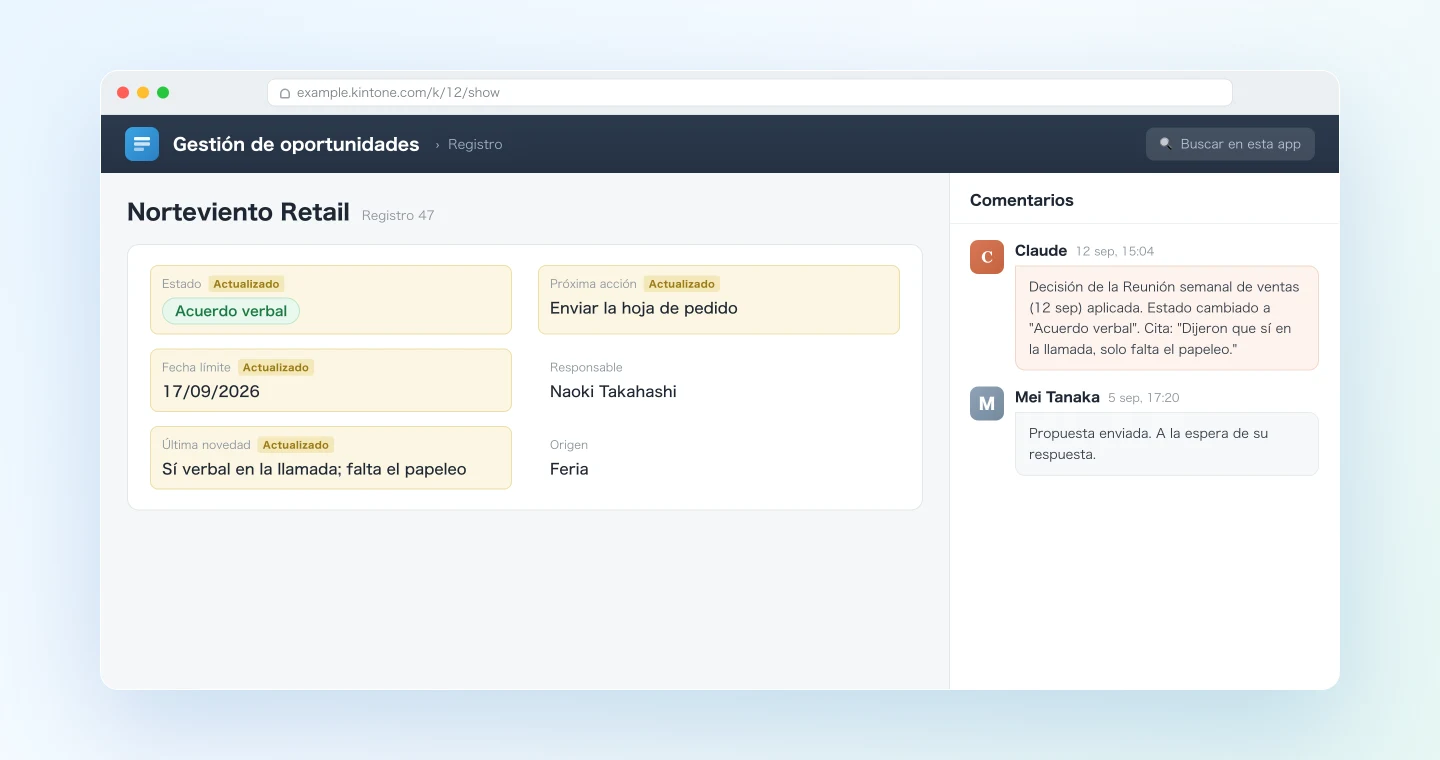 Un registro de Kintone actualizado desde las notas de reunión, con un comentario redactado por la IA
