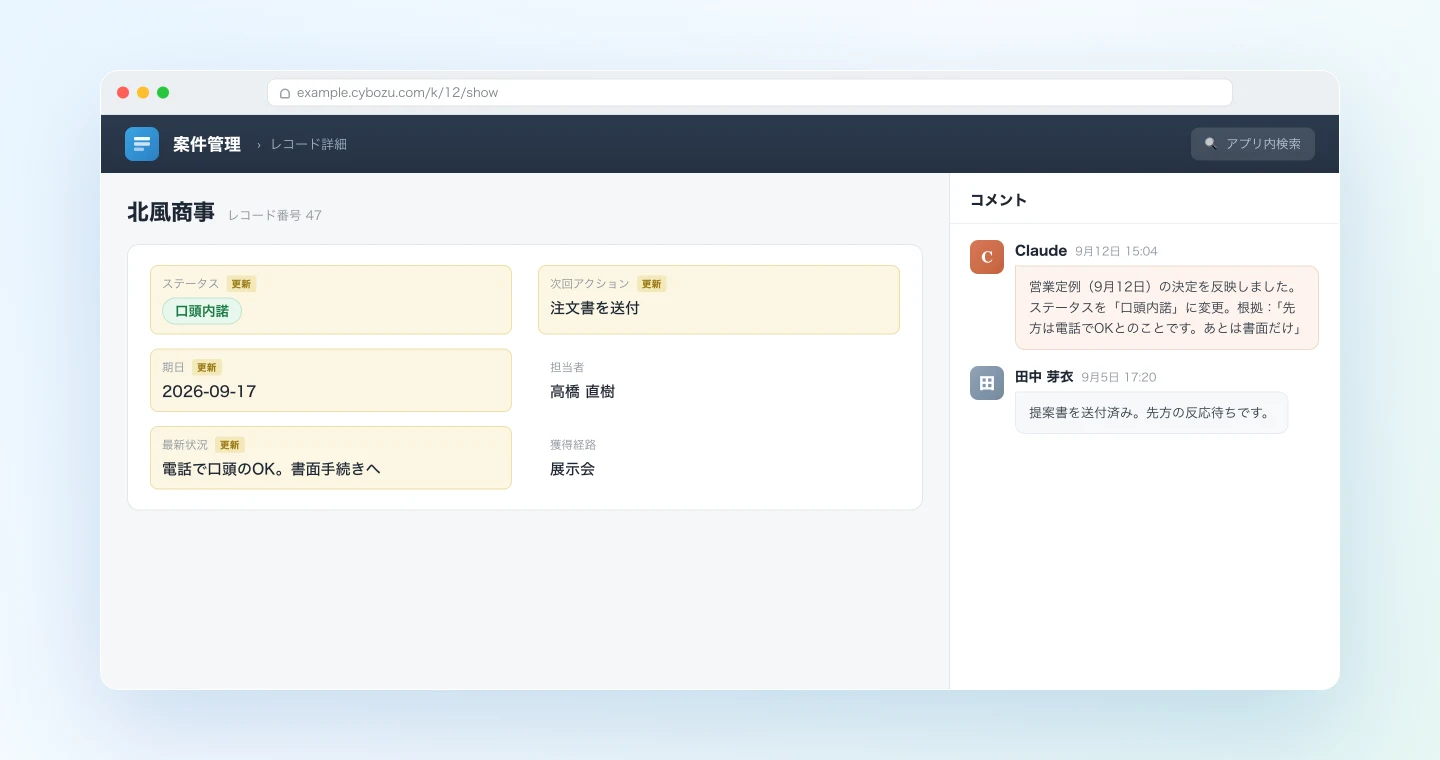 会議の議事録から更新されたkintoneの案件レコードと、AIが記入したコメント