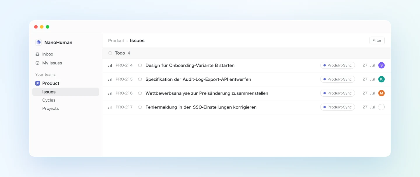 Die von Claude im Linear-Team Product angelegten Issues