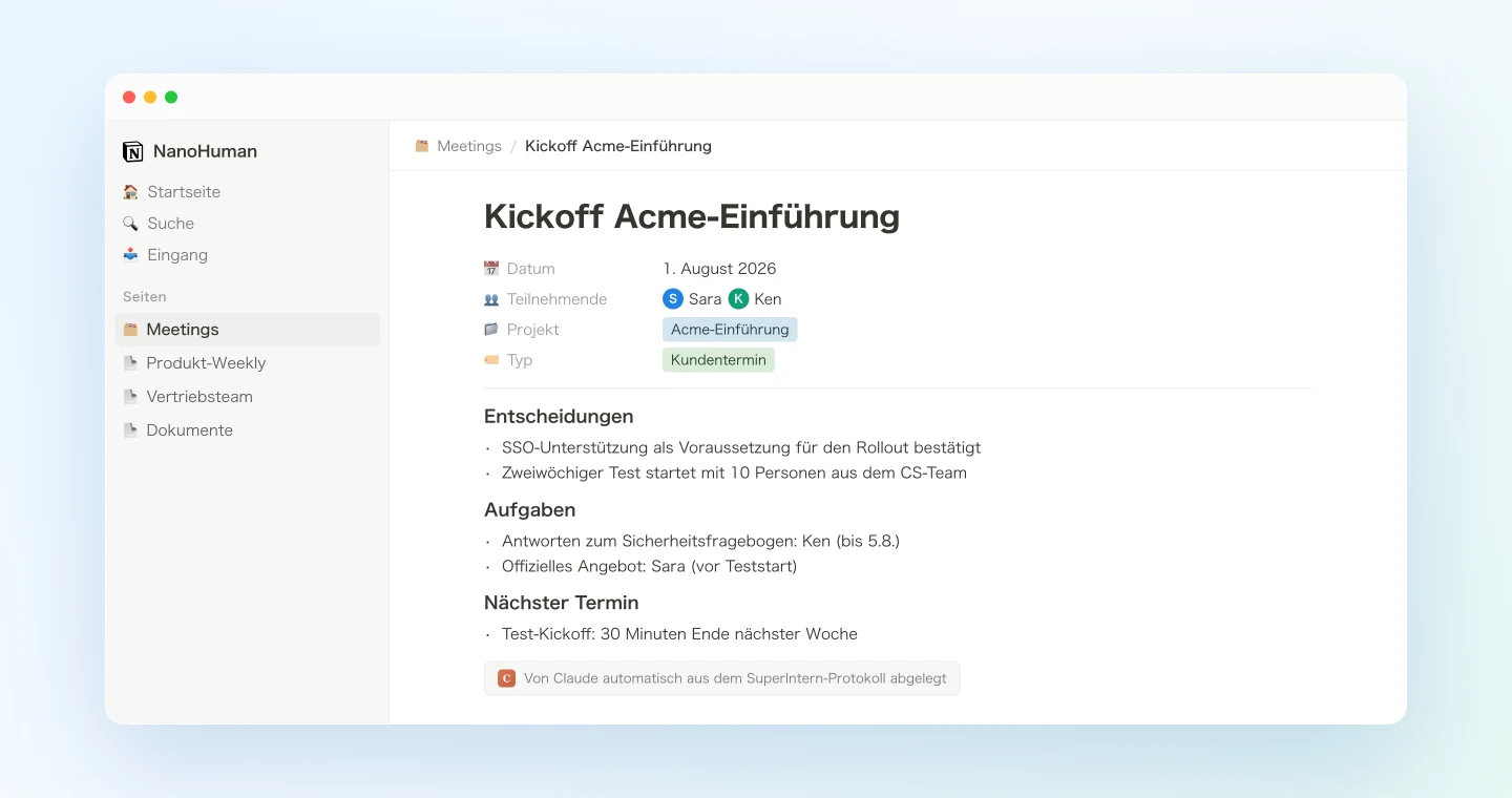 Eine in der Notion-Datenbank abgelegte Meeting-Seite