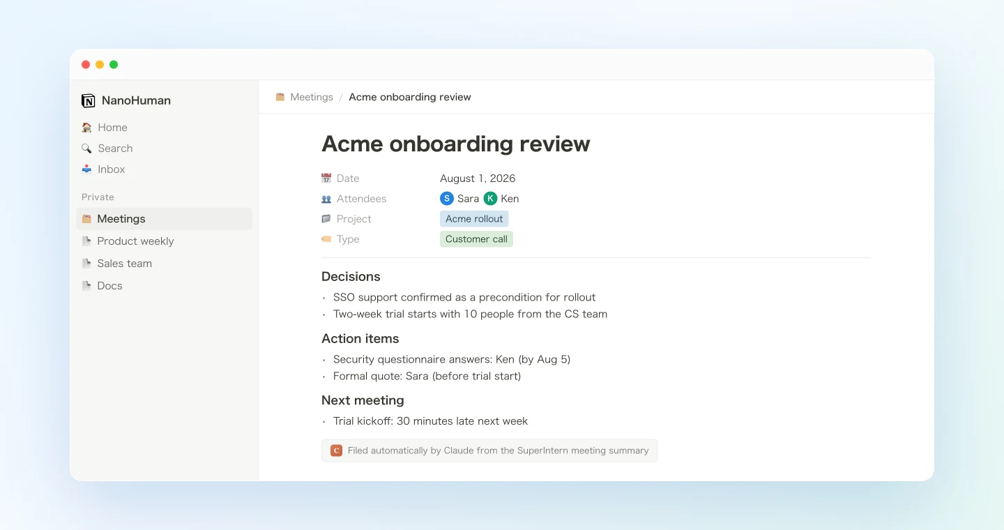 A meeting page filed into the Notion database